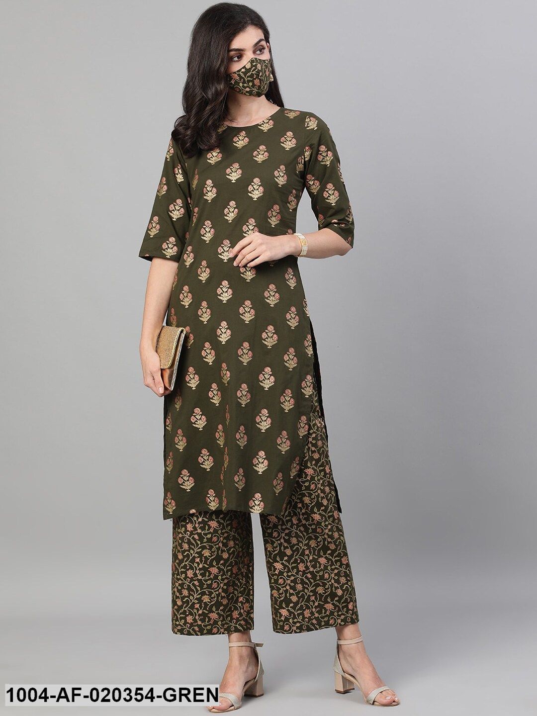 Green  Gold-Toned Printed Kurta and Palazzos