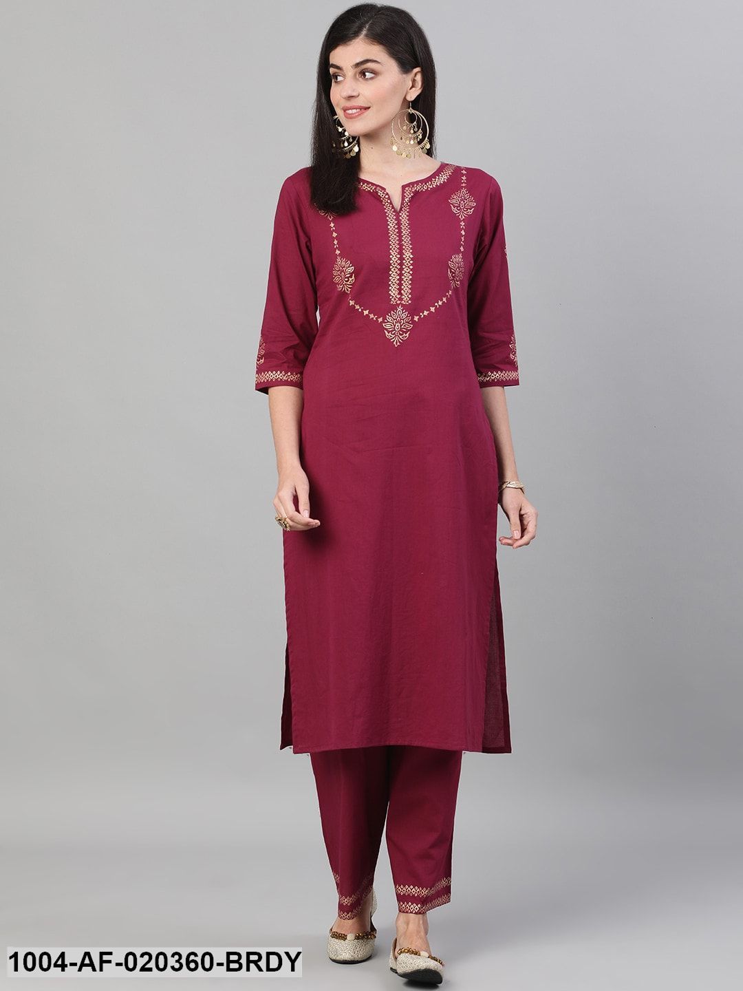 Burgundy & Gold-Toned Printed Kurta with Trousers
