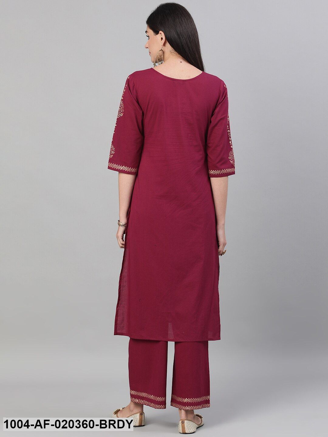 Burgundy & Gold-Toned Printed Kurta with Trousers