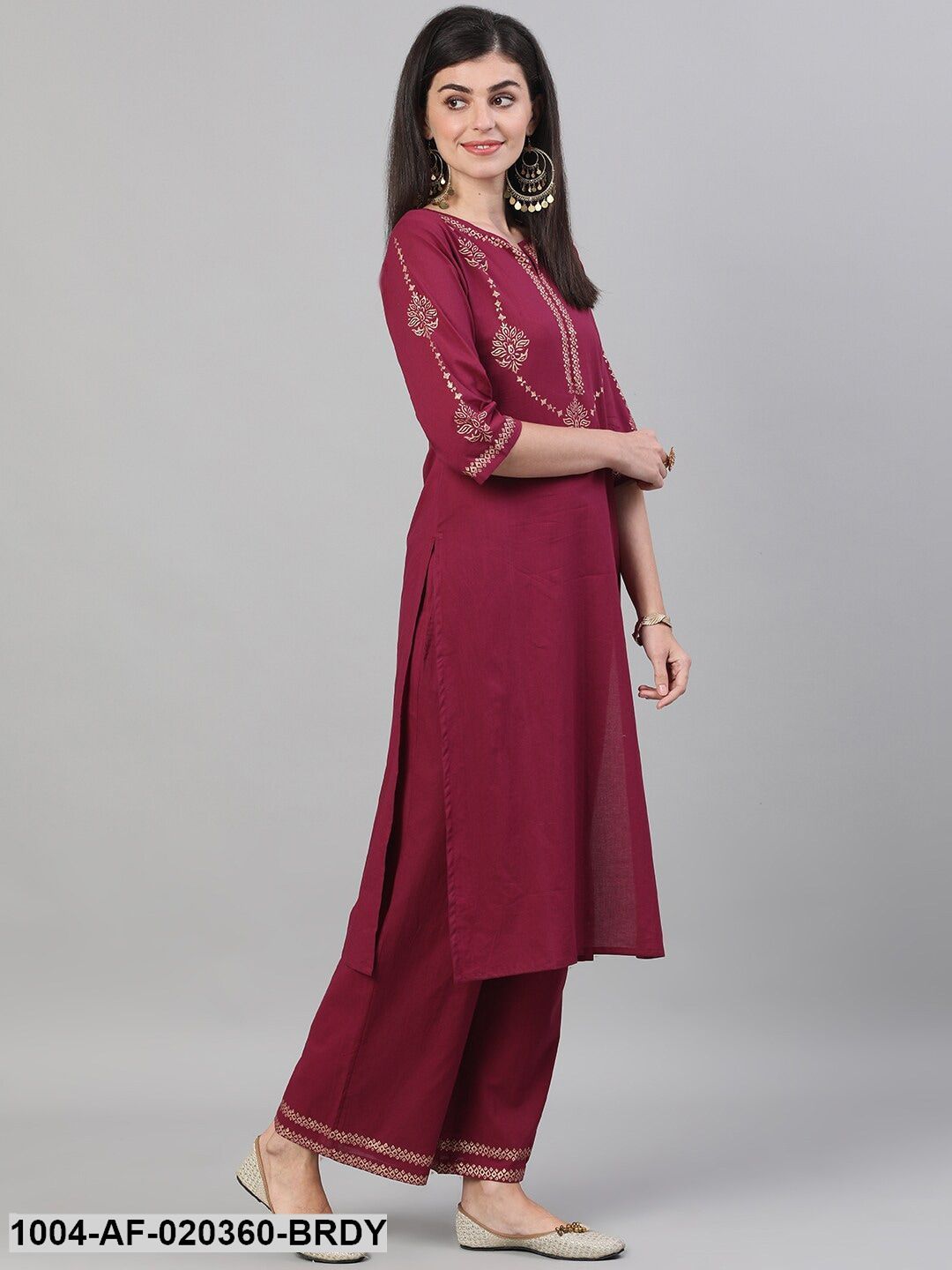 Burgundy & Gold-Toned Printed Kurta with Trousers
