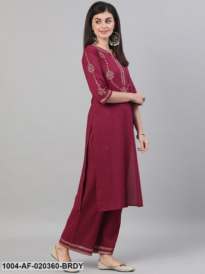 Burgundy & Gold-Toned Printed Kurta with Trousers