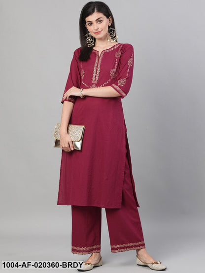 Burgundy & Gold-Toned Printed Kurta with Trousers