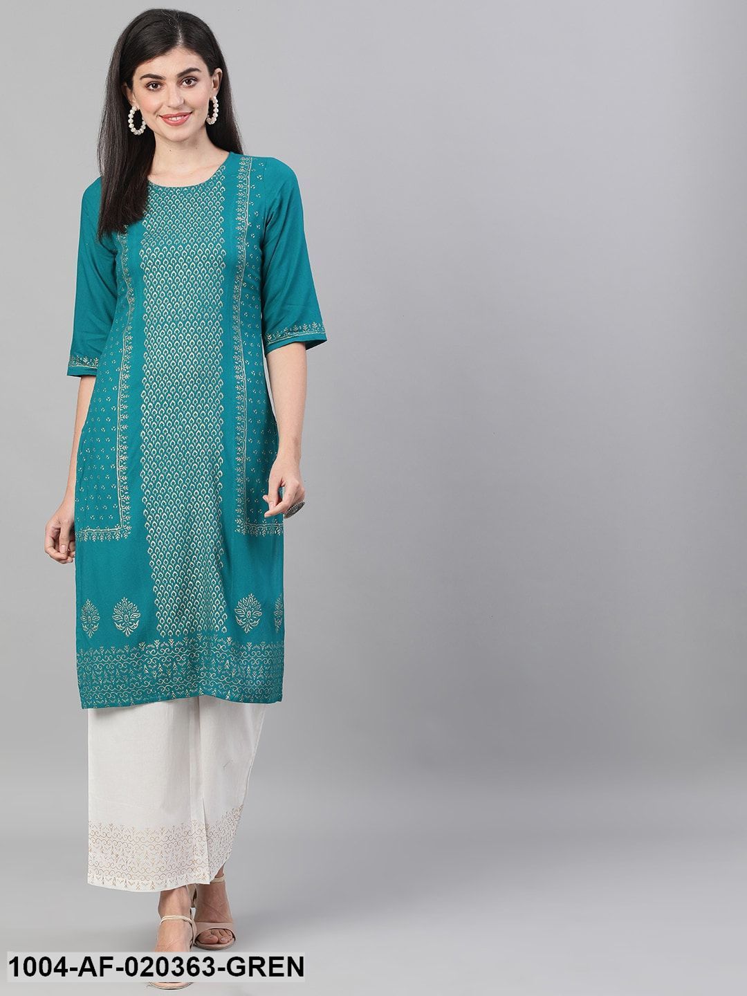 Green & Off-White Printed Kurta with Palazzos