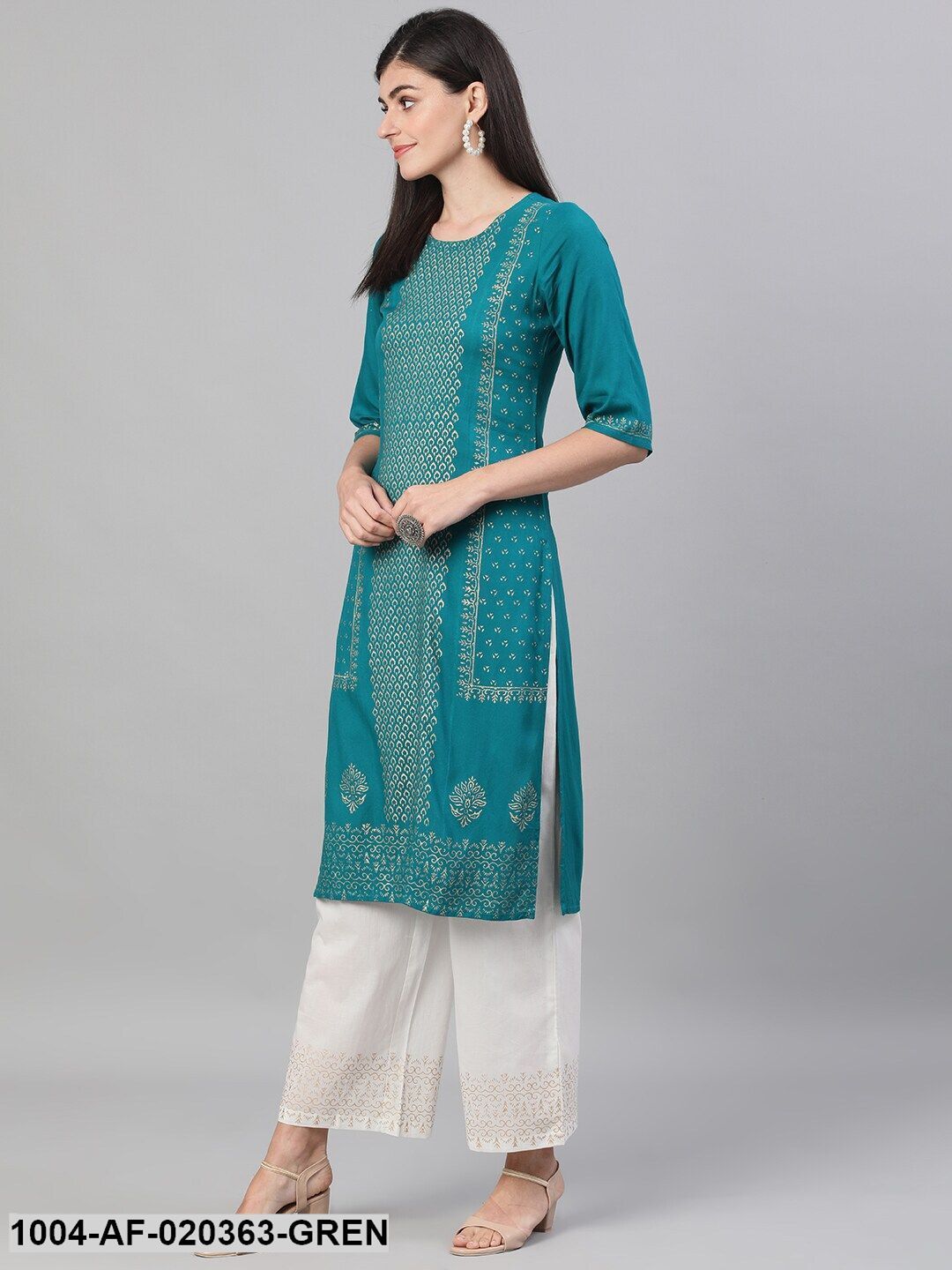 Green & Off-White Printed Kurta with Palazzos