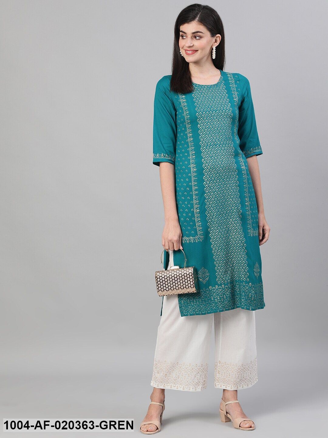 Green & Off-White Printed Kurta with Palazzos