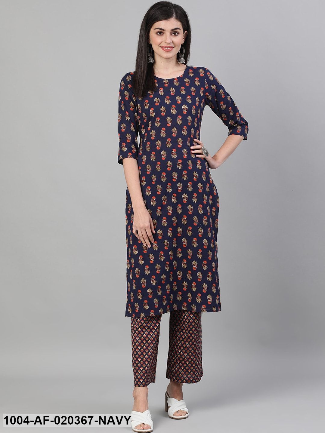 Navy Blue & Orange Printed Kurta with Trousers