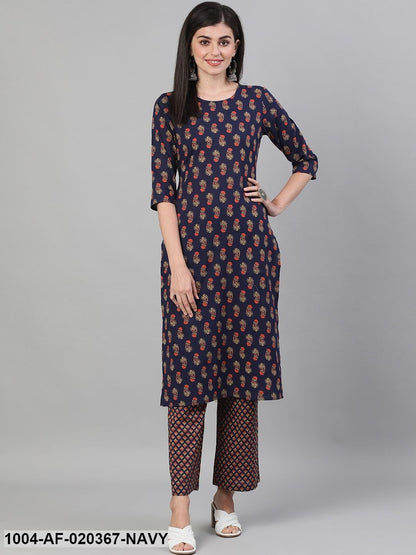 Navy Blue & Orange Printed Kurta with Trousers