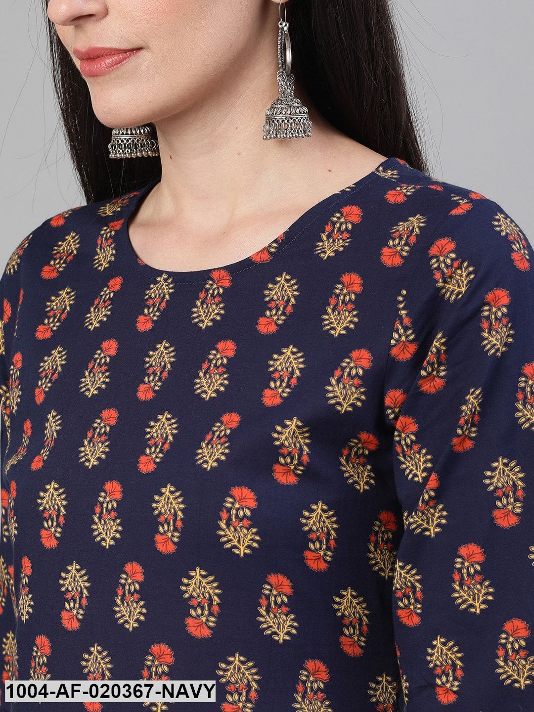 Navy Blue & Orange Printed Kurta with Trousers