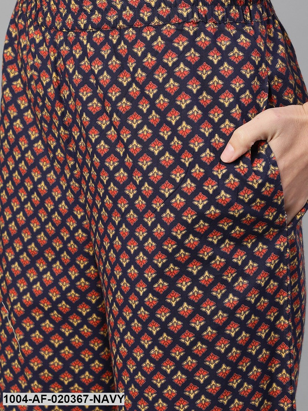 Navy Blue & Orange Printed Kurta with Trousers