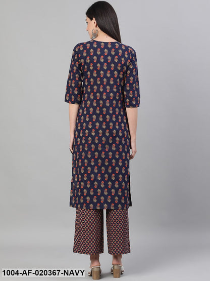 Navy Blue & Orange Printed Kurta with Trousers