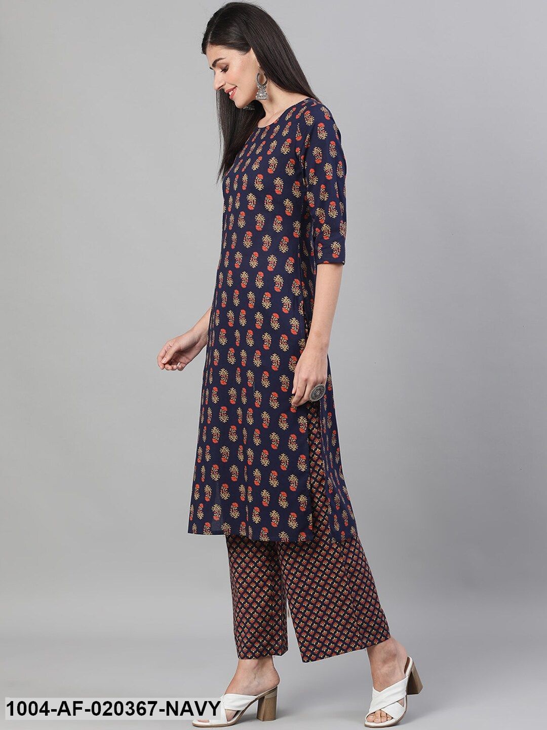 Navy Blue & Orange Printed Kurta with Trousers