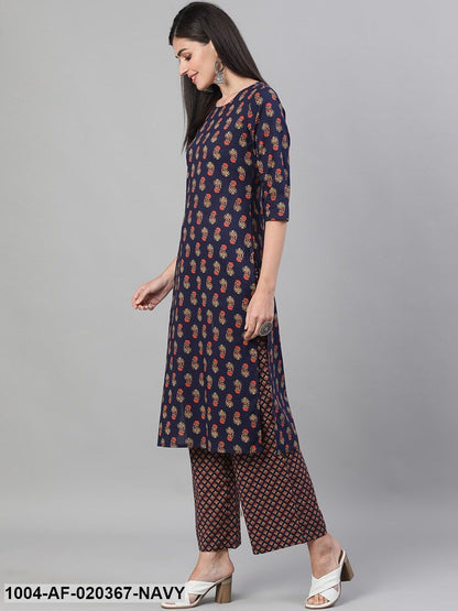 Navy Blue & Orange Printed Kurta with Trousers