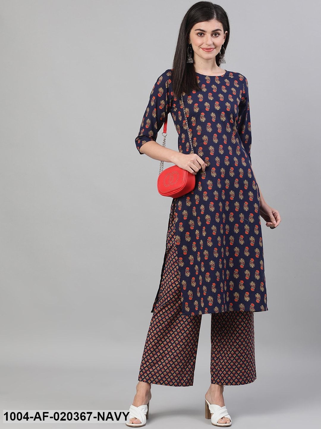 Navy Blue & Orange Printed Kurta with Trousers