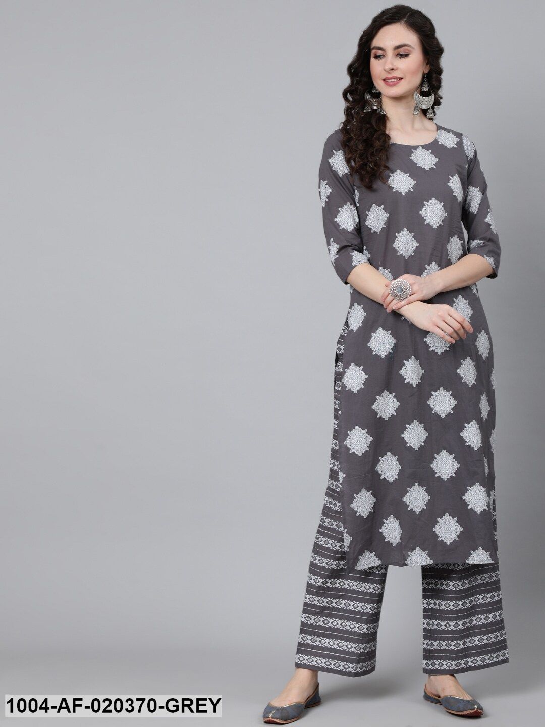 Grey  Off-White Printed Kurta with Palazzos