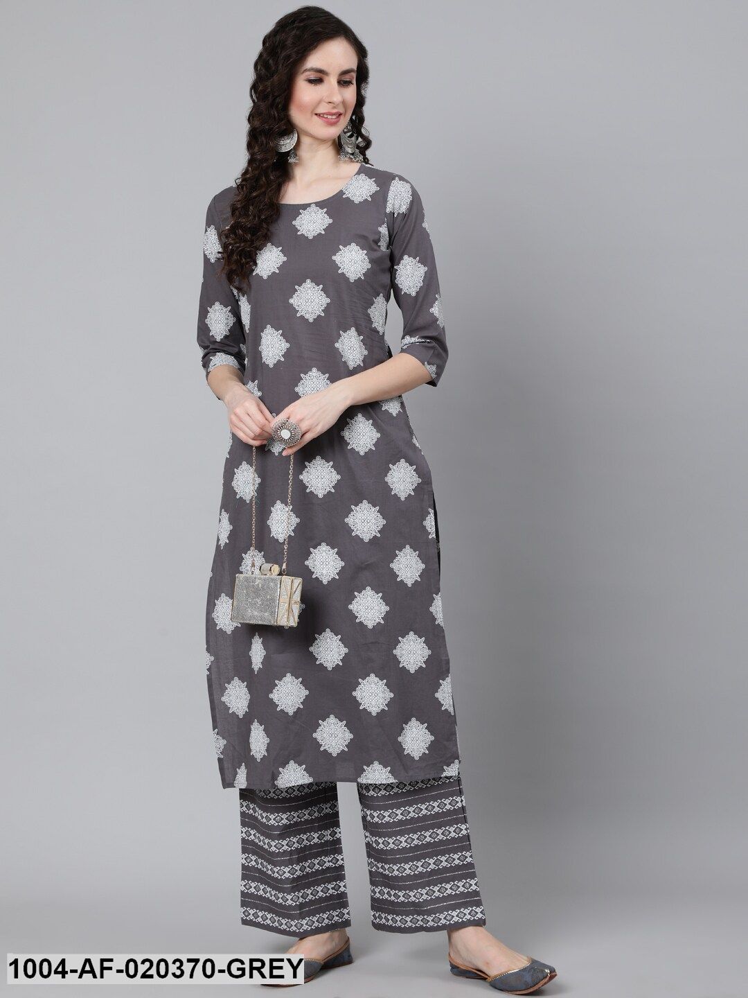 Grey  Off-White Printed Kurta with Palazzos