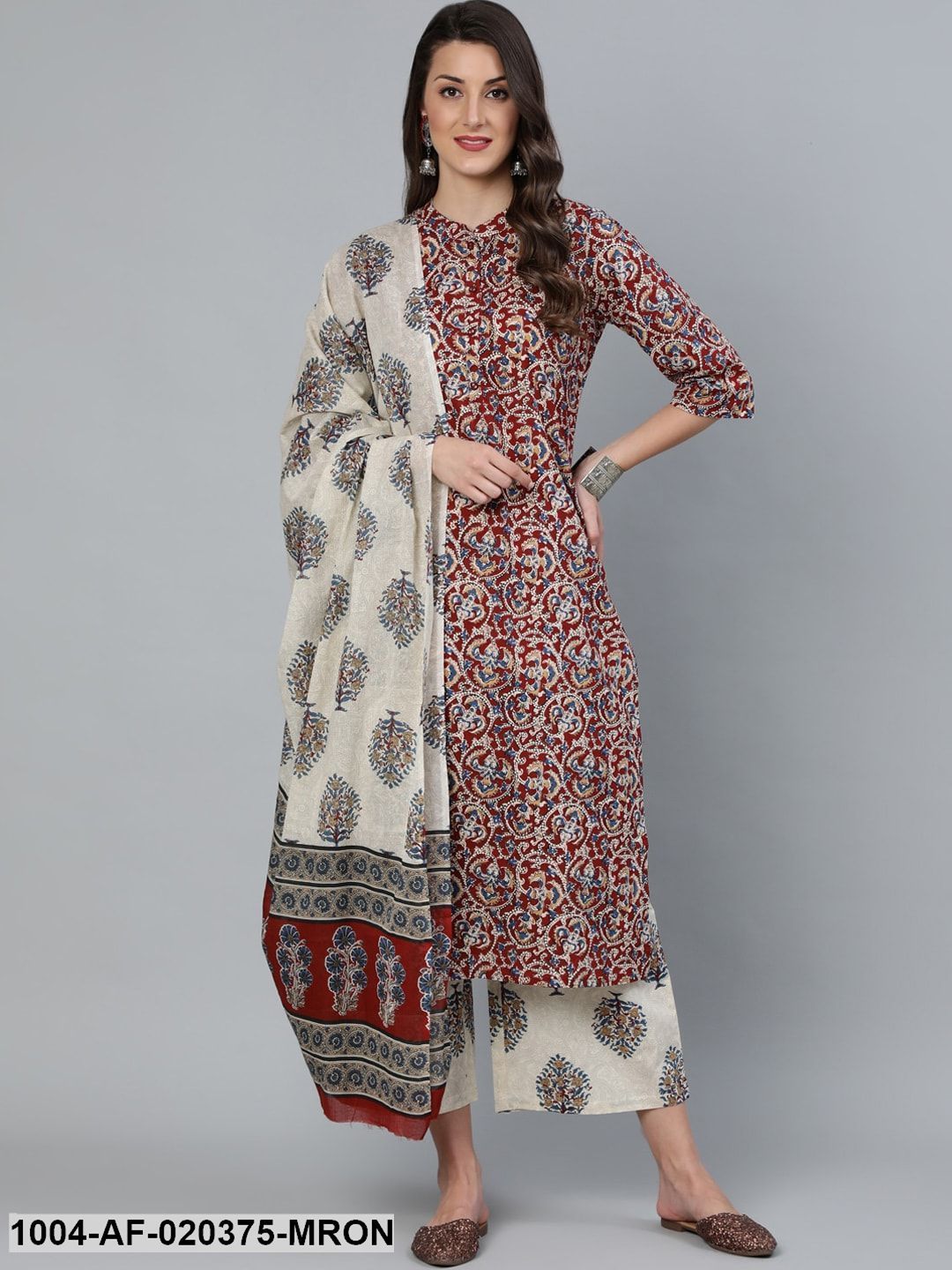 Maroon & Cream-Coloured Printed Kurta with Palazzos & Dupatta