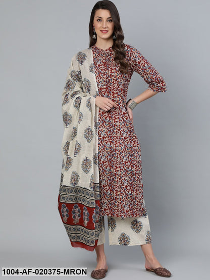 Maroon & Cream-Coloured Printed Kurta with Palazzos & Dupatta