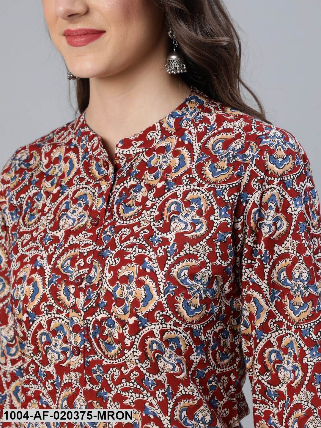 Maroon &amp; Cream-Coloured Printed Kurta with Palazzos &amp; Dupatta