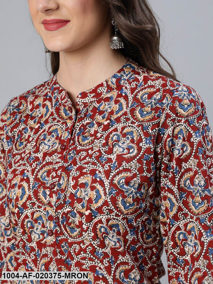 Maroon &amp; Cream-Coloured Printed Kurta with Palazzos &amp; Dupatta