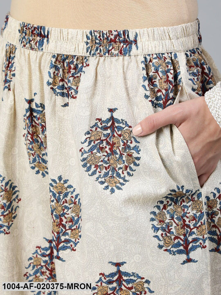 Maroon &amp; Cream-Coloured Printed Kurta with Palazzos &amp; Dupatta