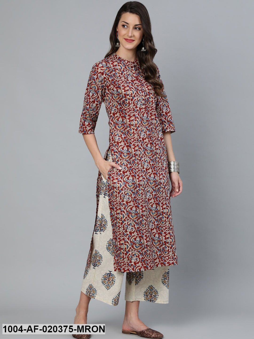 Maroon &amp; Cream-Coloured Printed Kurta with Palazzos &amp; Dupatta