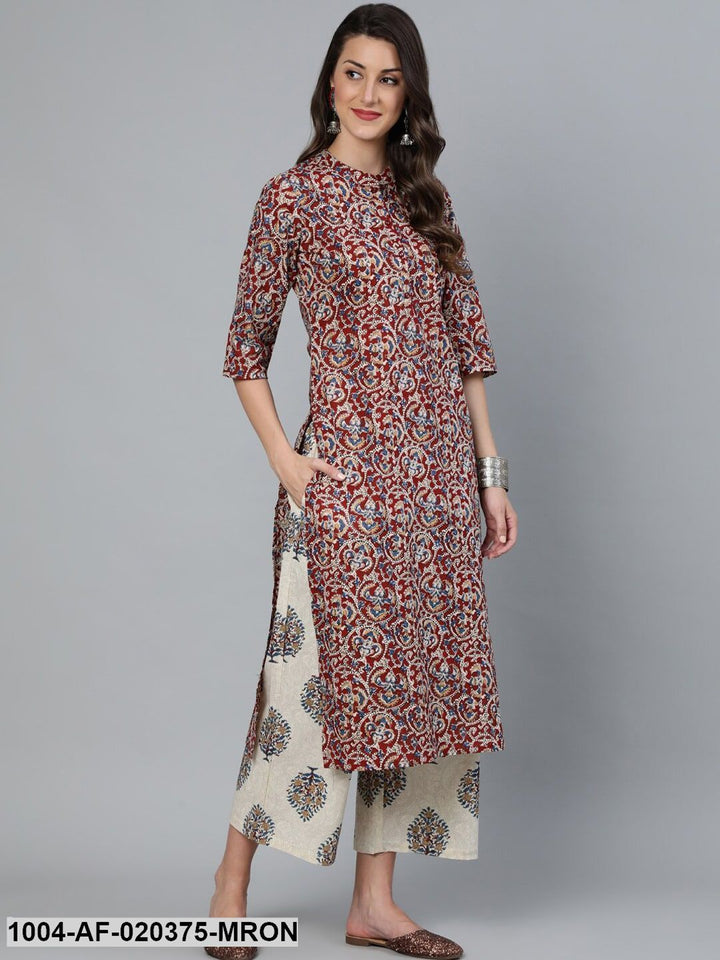 Maroon &amp; Cream-Coloured Printed Kurta with Palazzos &amp; Dupatta