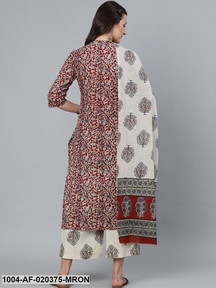 Maroon &amp; Cream-Coloured Printed Kurta with Palazzos &amp; Dupatta