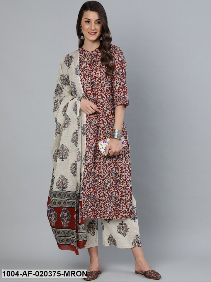 Maroon &amp; Cream-Coloured Printed Kurta with Palazzos &amp; Dupatta