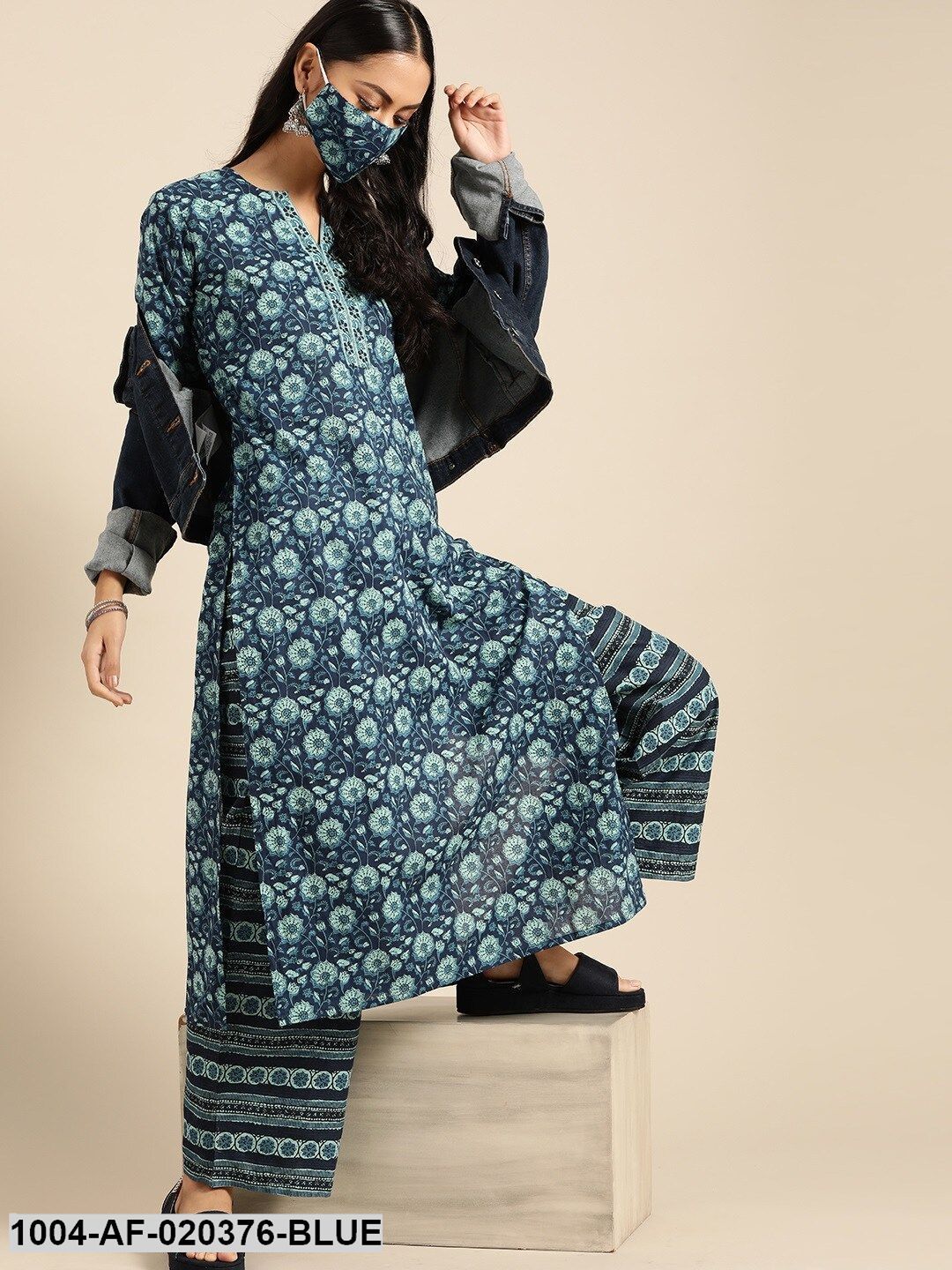 Blue Pure Cotton Ethnic Motif Kurta with Palazzos