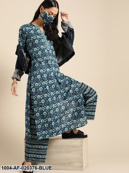 Blue Pure Cotton Ethnic Motif Kurta with Palazzos