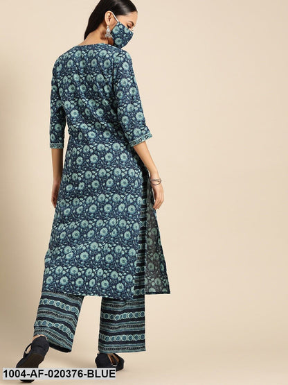 Blue Pure Cotton Ethnic Motif Kurta with Palazzos
