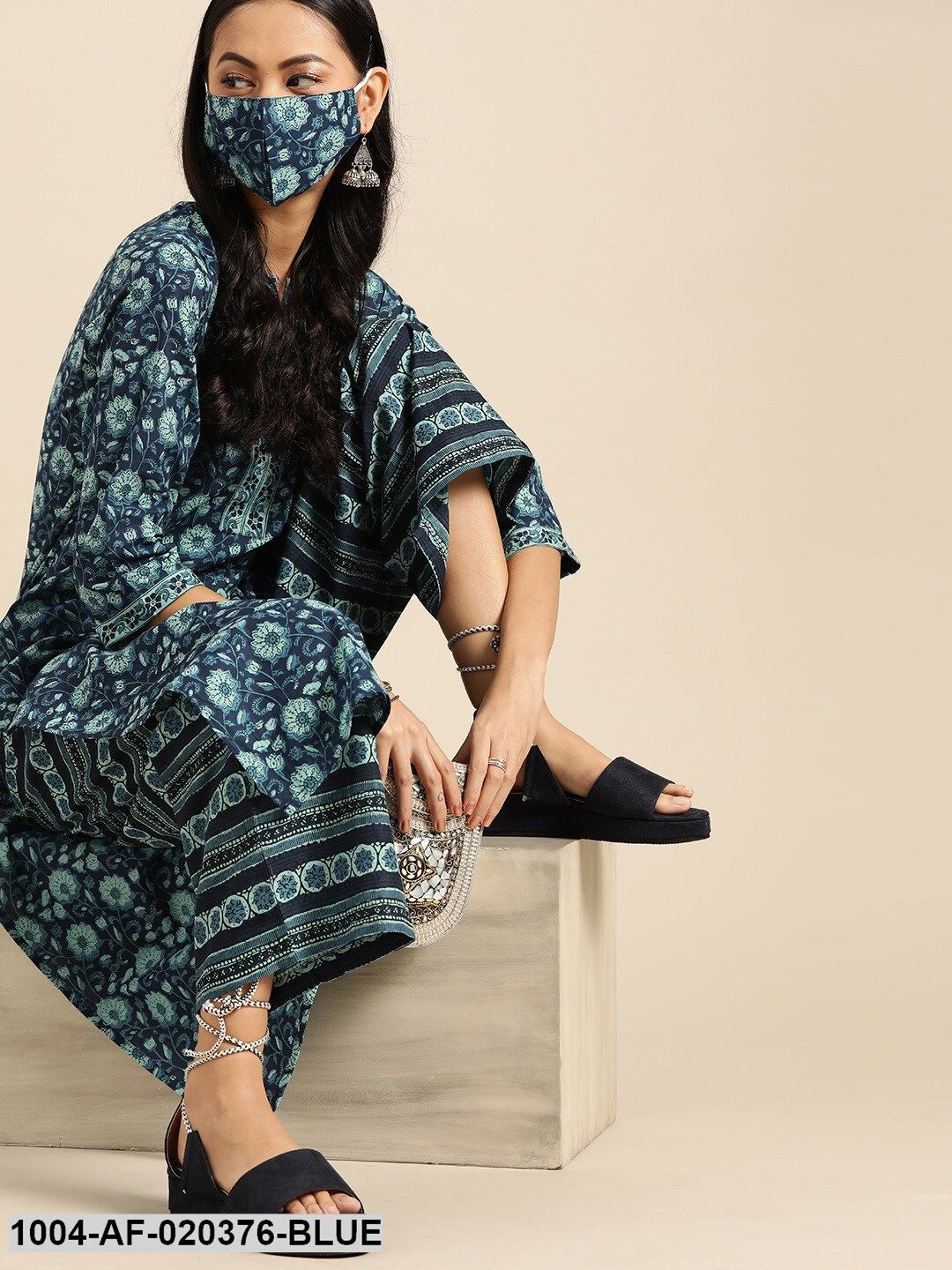 Blue Pure Cotton Ethnic Motif Kurta with Palazzos