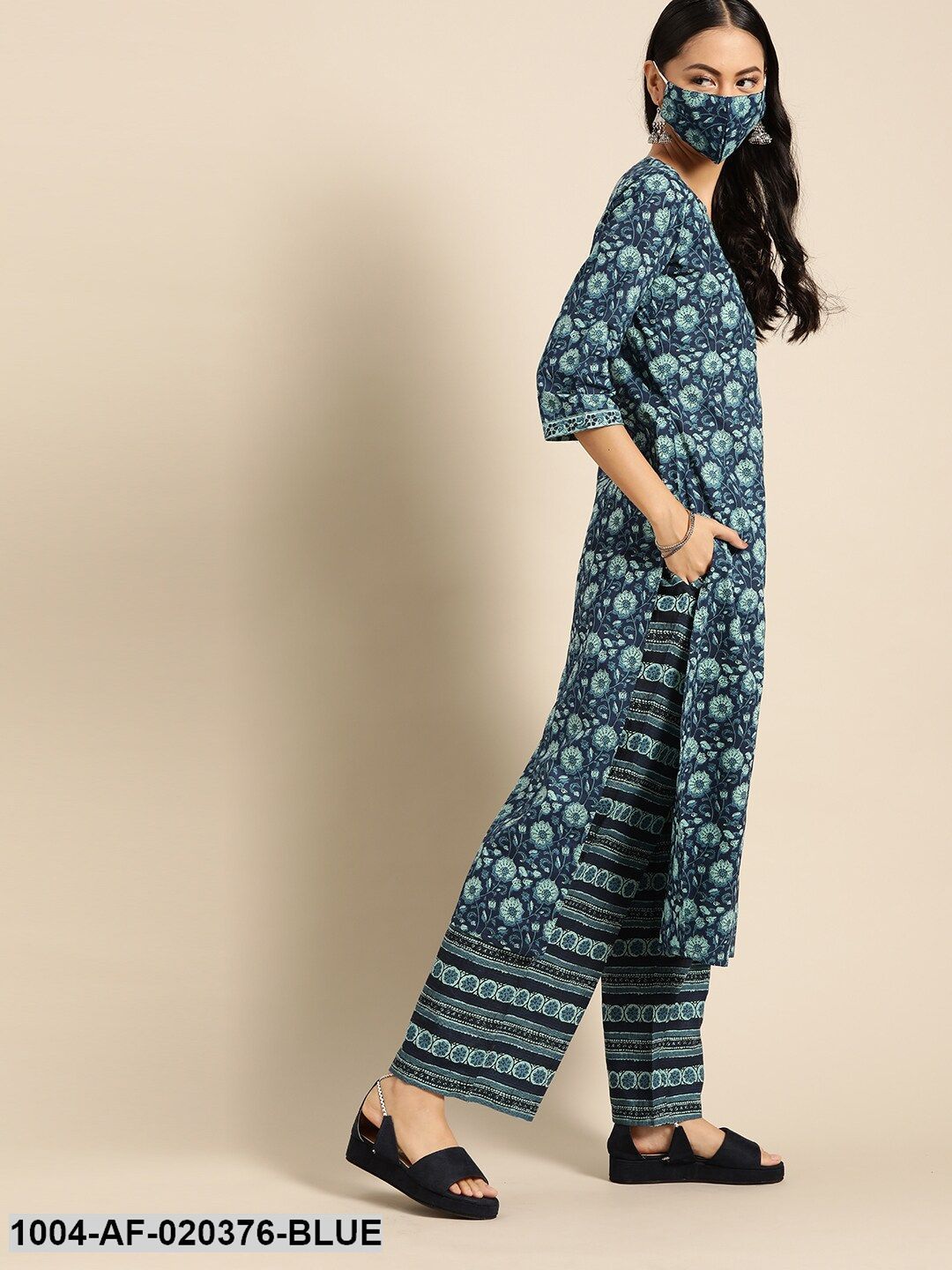 Blue Pure Cotton Ethnic Motif Kurta with Palazzos