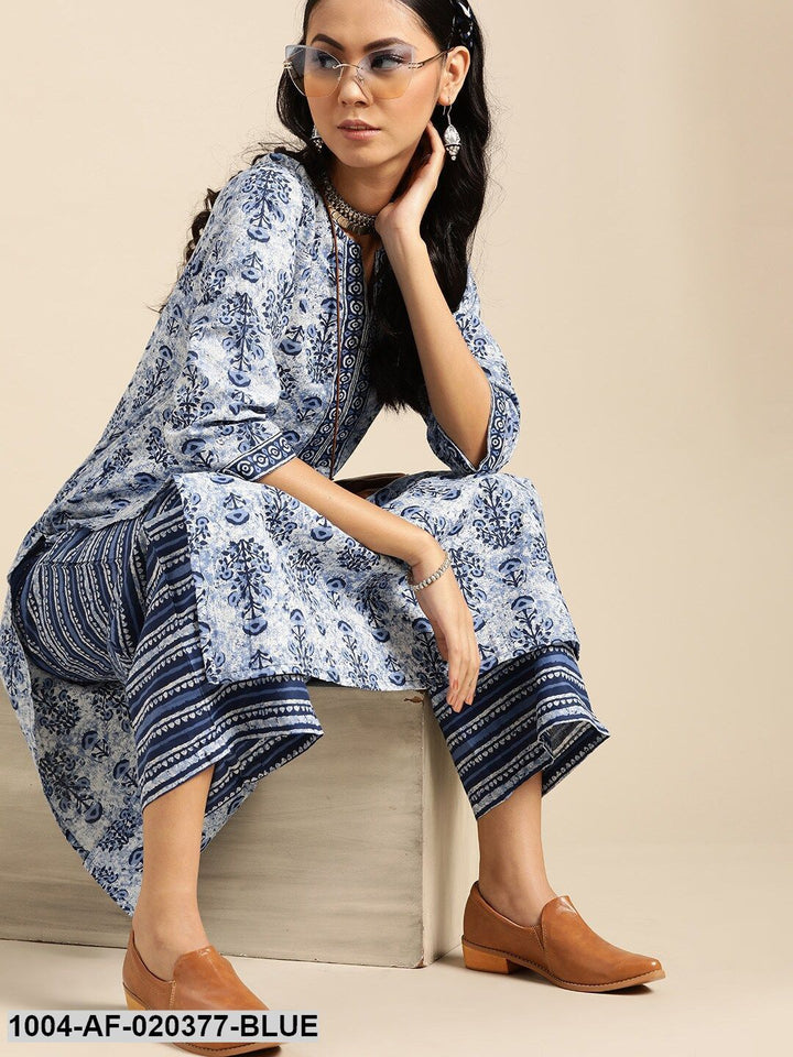 Blue &amp; White Pure Cotton Ethnic Motif Kurta with Palazzos