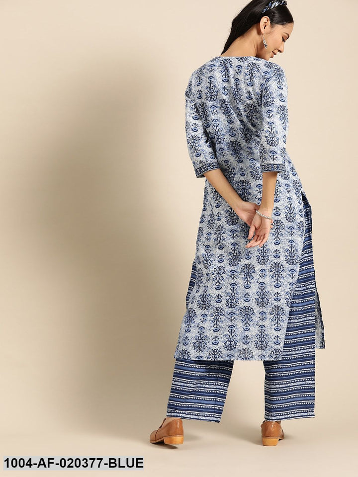 Blue &amp; White Pure Cotton Ethnic Motif Kurta with Palazzos