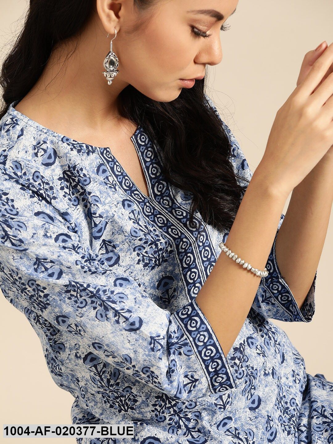 Blue &amp; White Pure Cotton Ethnic Motif Kurta with Palazzos