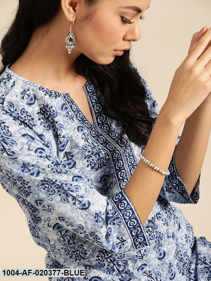 Blue &amp; White Pure Cotton Ethnic Motif Kurta with Palazzos