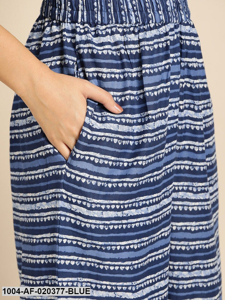 Blue &amp; White Pure Cotton Ethnic Motif Kurta with Palazzos