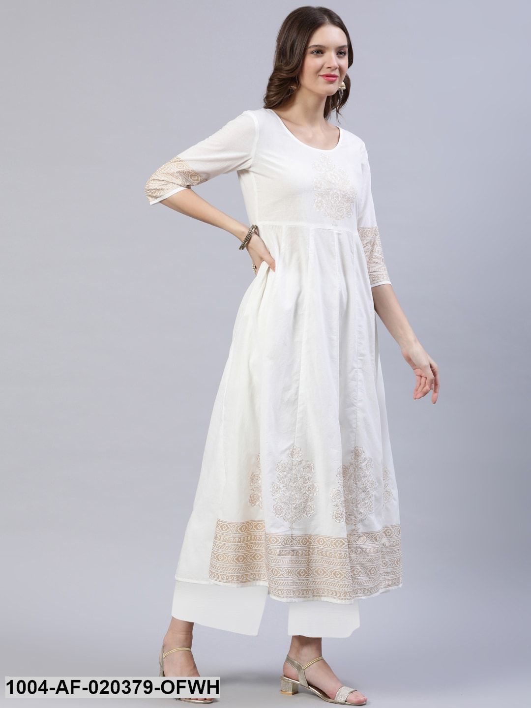 Off-White & Golden Block Printed Anarkali With Palazzo & Dupatta