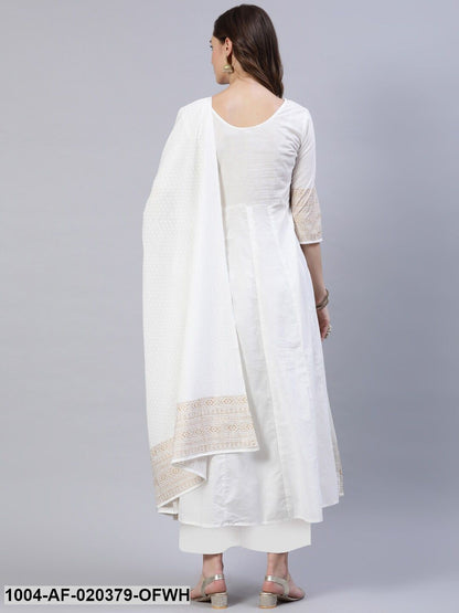 Off-White & Golden Block Printed Anarkali With Palazzo & Dupatta