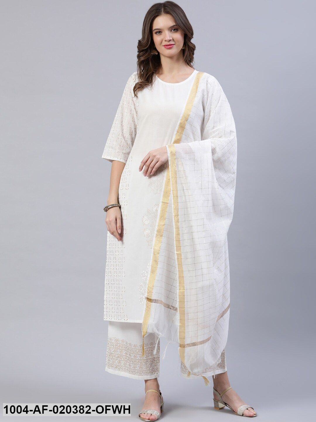 Off White & Golden Block Print Pure Cotton Kurta & Trousers With Dupatta