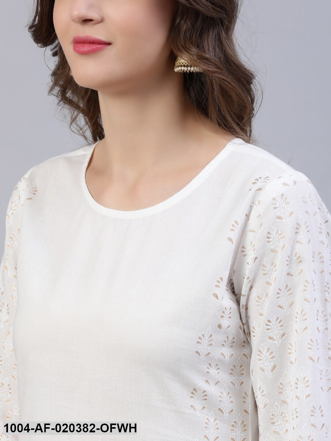 Off White & Golden Block Print Pure Cotton Kurta & Trousers With Dupatta