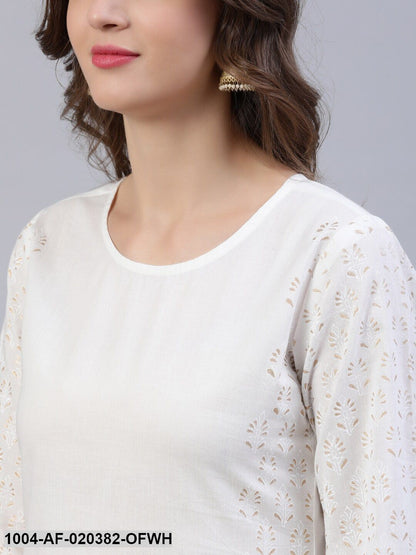 Off White & Golden Block Print Pure Cotton Kurta & Trousers With Dupatta