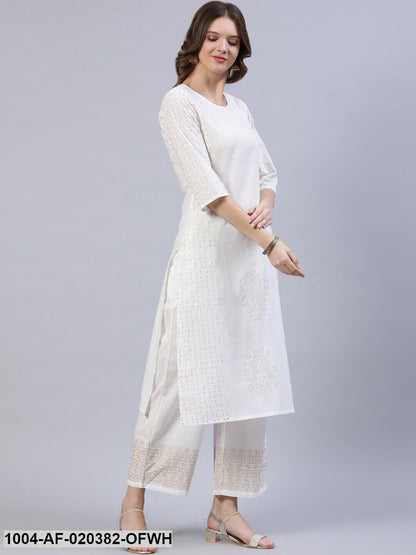 Off White & Golden Block Print Pure Cotton Kurta & Trousers With Dupatta