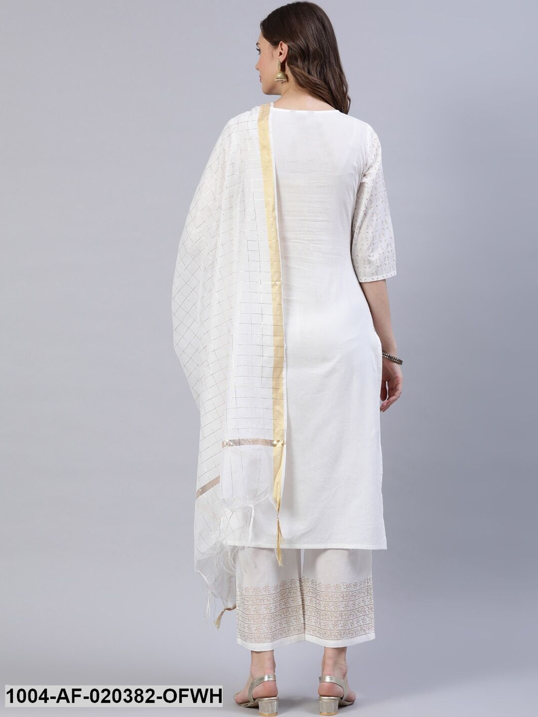 Off White & Golden Block Print Pure Cotton Kurta & Trousers With Dupatta