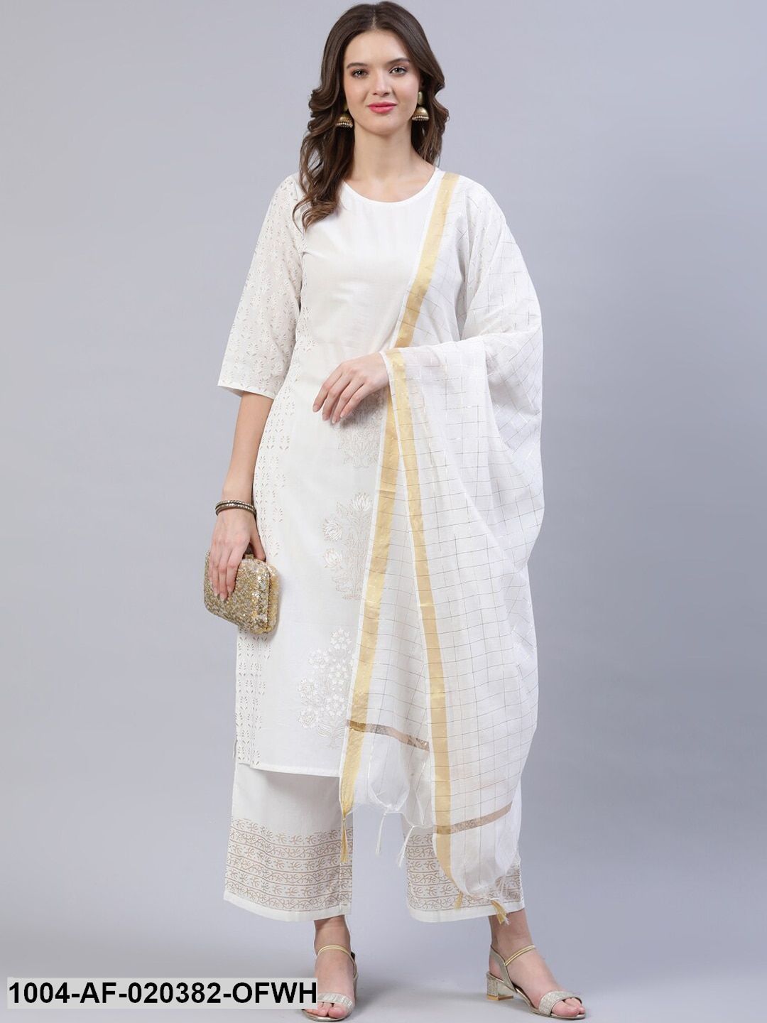 Off White & Golden Block Print Pure Cotton Kurta & Trousers With Dupatta