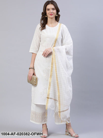 Off White & Golden Block Print Pure Cotton Kurta & Trousers With Dupatta