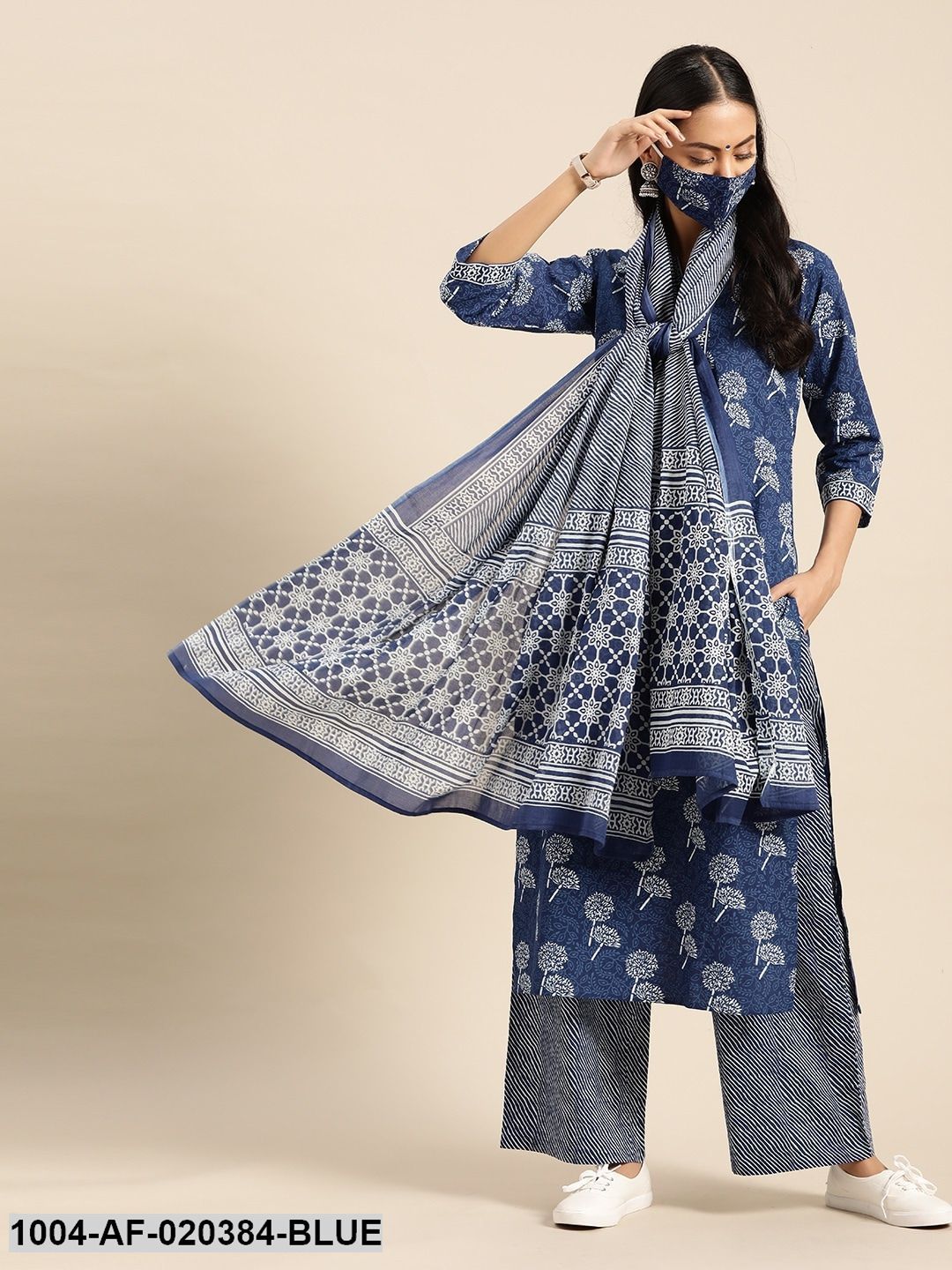 Blue  White Pure Cotton Ethnic Motif Print Kurta Set