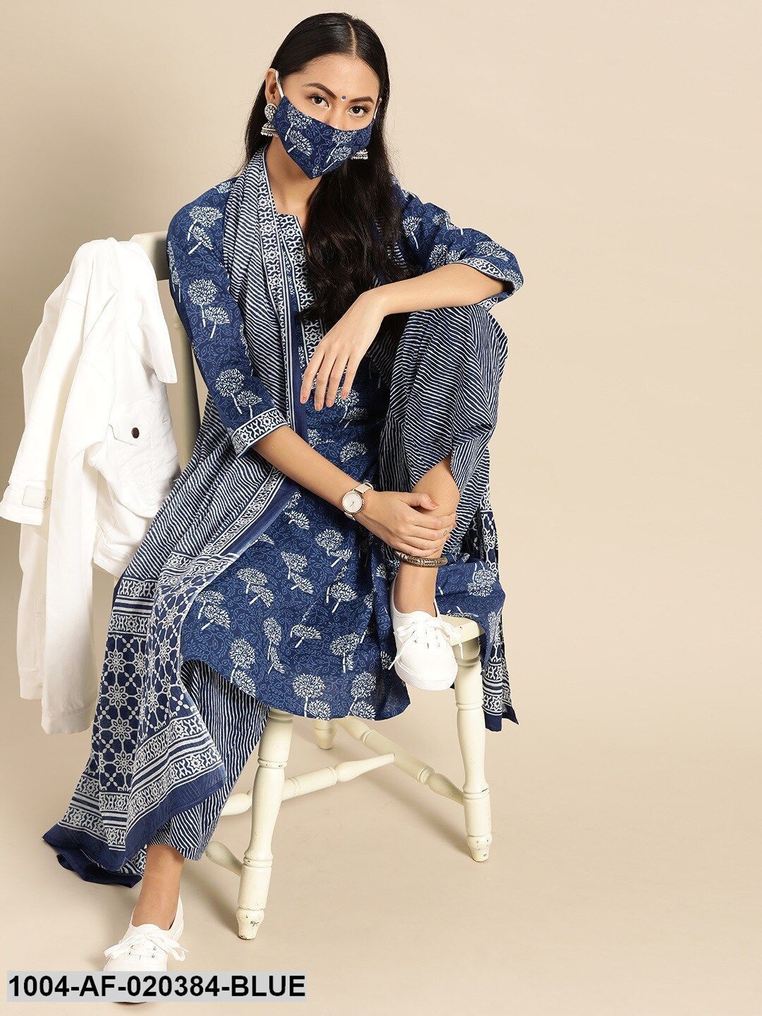 Blue  White Pure Cotton Ethnic Motif Print Kurta Set