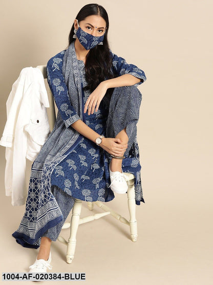 Blue  White Pure Cotton Ethnic Motif Print Kurta Set